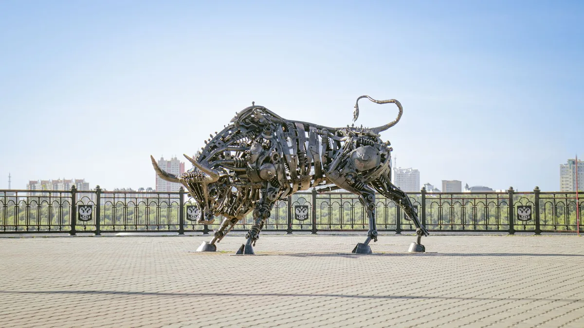 Artistic metal bull sculpture on a city promenade in Blagoveshchensk, Russia.