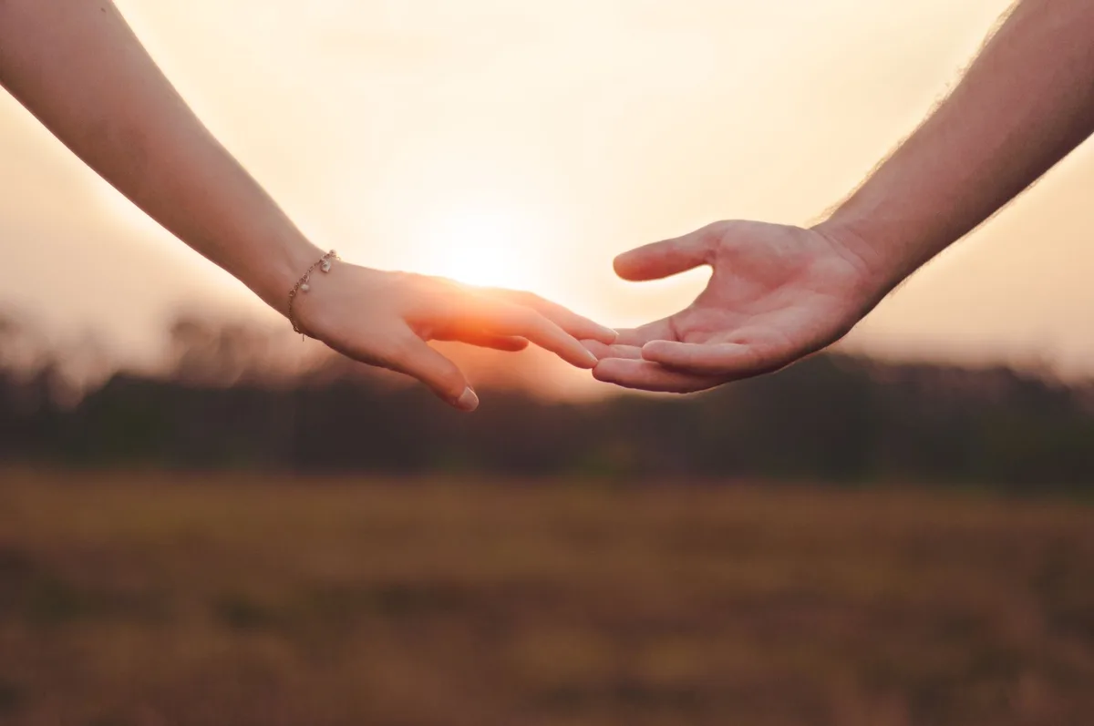 Crop anonymous female with bracelet touching hand of unrecognizable male in field against sundown