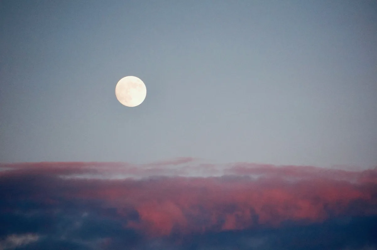 A serene view of the full moon against a backdrop of pink clouds at evening twilight.