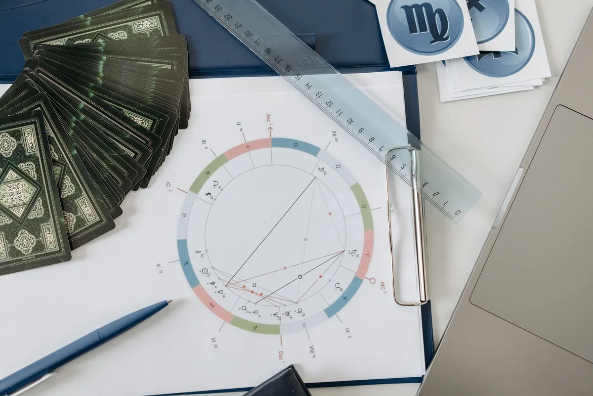 Flat lay of astrology tools, including tarot cards and a natal chart, on a desk.